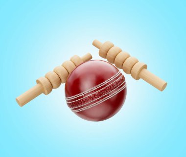 Parlak kırmızı deri dikişli Kriket topu. Mavi arka plan 3 boyutlu resimli.