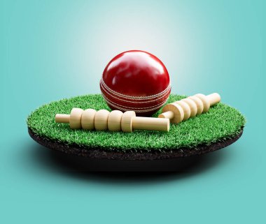 Kırmızı deri dikişli kriket topu. Çimenli zeminde iki tahta kepçe var. 3D görüntü.