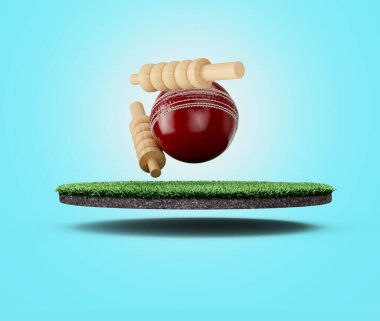 Kırmızı deri dikişli kriket topu. Çimenli zeminde iki tahta kepçe var. 3D görüntü.