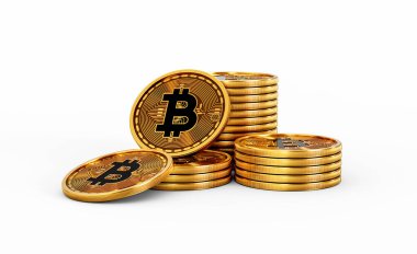 3D Altın Kripto Para Yığını Bitcoin Parlak Yuvarlak Paralar Beyaz Arkaplan 3D Görüntü