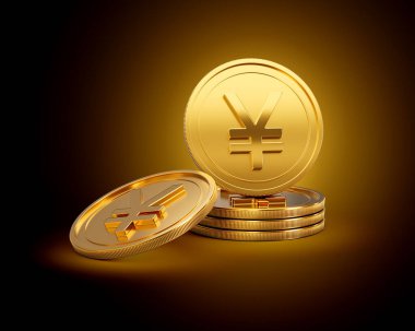 Altın Parlak Japon Yen Yığını Parlak Altın Parlak Arkaplanda Yuvarlanmış Paralar 3D Görüntü