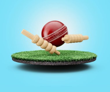 Kırmızı deri dikişli kriket topu. Çimenli zeminde iki tahta kepçe var. 3D görüntü.