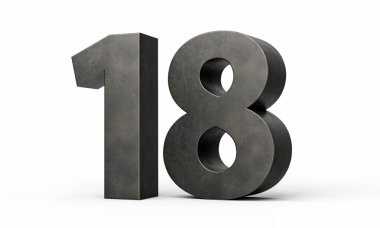 Gri, pürüzsüz demirden yapılmış 18 numara. Beyaz arka planda izole edilmiş 3 boyutlu görüntü.