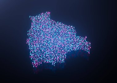 Aydınlatılmış Bolivya Dijital Veri Haritası Pembe ve Mavi Neon Parlayan Parçacıklar 3B İllüstrasyon
