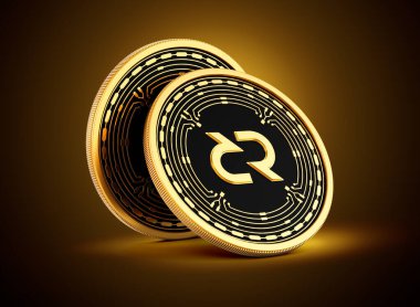 İki Altın ve Siyah Yuvarlak Kripto Para Altın Arkaplanda DCR Madeni Paralar 3D Görüntü