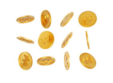 3D Düşen Altın Parlak Kore Won Yuvarlak Bozukluklar Beyaz Arkaplanda 3D Görüntü