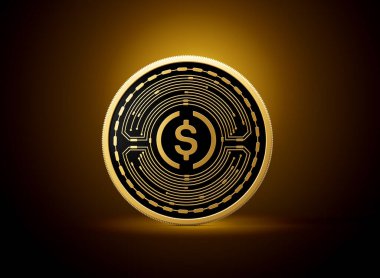 Altın ve Siyah Yuvarlak Şifreli Para USD USDC Altın Parlak Arkaplan 3D Görüntü