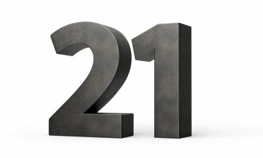 Gri pürüzsüz demirden yapılmış 21 numara. Beyaz arka planda izole edilmiş 3 boyutlu görüntü.