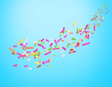 Renkli serpiştirmeler ya da Kekler İçin Meises Yumuşak mavi arka planda akan 3D Resimler