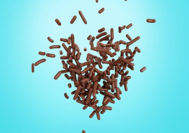 Çikolata Parçacıkları, Pastalar ve Fırın Ürünleri Grubu Cyan Arka plan 3D İllüstrasyon Üzerine Dağınık