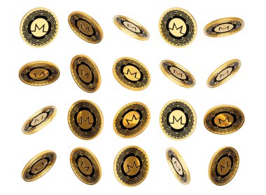 3D Düşen Altın ve Siyah Kripto Birimi Monero Yuvarlak Paralar Beyaz Arkaplan 3D Görüntü