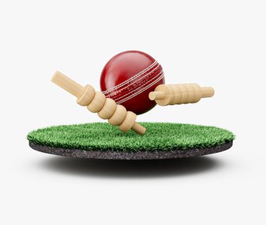 Kırmızı deri dikişli kriket topu. Çimenli zeminde iki tahta kepçe var. 3D görüntü.