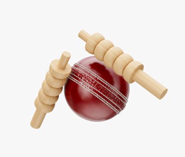 Shiny Red Leather Stitched Test Cricket Ball With Two Wicket Bails White Background 3D Illustration clipart