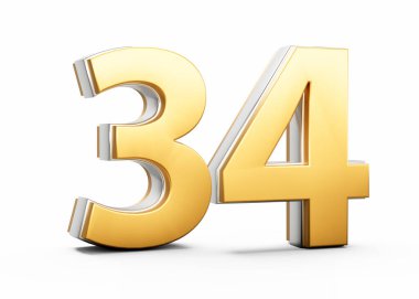 3D Altın Parlak 34 numara. Beyaz arka planda gümüş çizgili 34 numara.