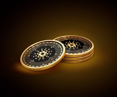 Altın Kripto Para Yığını Cardano ADA Parlak Altın Parlak Arkaplan 3D Görüntü