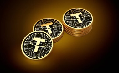 Altın Kripto Para Yığını Parlak Altın Parlak Arkaplanda USDT Bozuklukları 3D İllüstrasyon