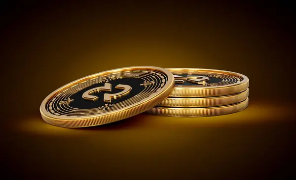 stock image Stack Of Golden Cryptocurrency Decred DCR Coins On Shiny Golden Glow Background 3d Illustration