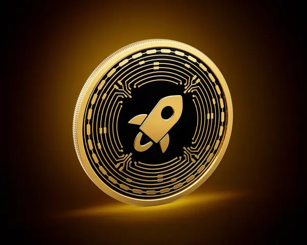 stock image Golden And Black Rounded Cryptocurrency Stellar Lumens Coin Golden Glow Background 3d Illustration