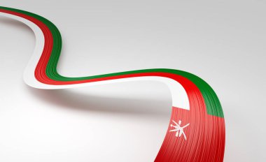 Umman 'ın 3D Bayrağı Dalgalı Parlak Umman Kurdelesi Beyaz Arkaplanda 3D Görüntü