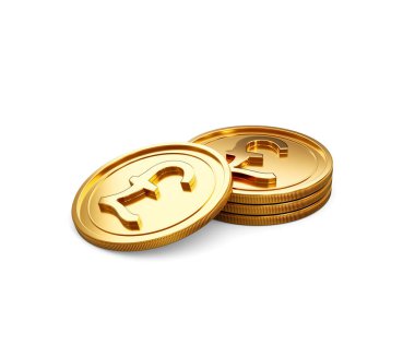 3D Yığınla Altın İngiliz Pound Sikkeleri Parlak Yuvarlak Paralar Beyaz Arkaplanda 3 boyutlu Görüntü