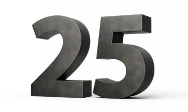 Gri pürüzsüz demirden yapılmış 25 numara. Beyaz arka planda izole edilmiş 3 boyutlu görüntü.