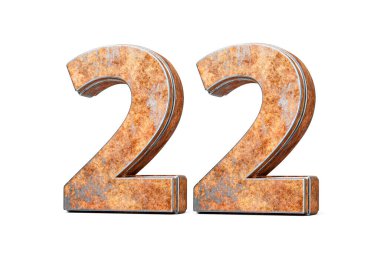 22 numara. Paslı demir metalden yapılma, arka planda beyaz desenli, 3D resimli 22 numara.