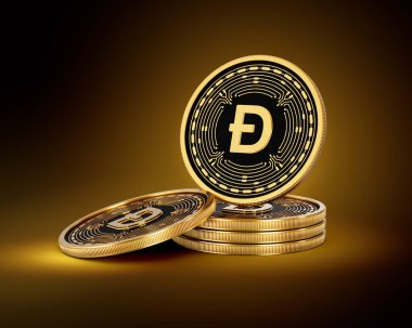 Altın Kripto Para Yığını Dogecoin D Parlak Altın Parlak Arkaplan 3D Görüntü