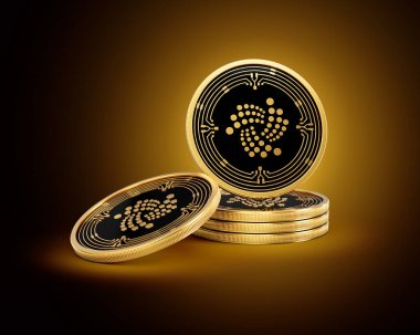 Altın Kripto Para Yığını IOTA Parlak Altın Parlak Arkaplanda 3D Görüntü