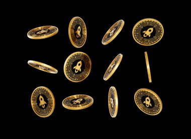 Düşen Altın ve Kara Kripto Para Birimi Yıldız Lumens Siyah Arkaplan 3D Görüntü