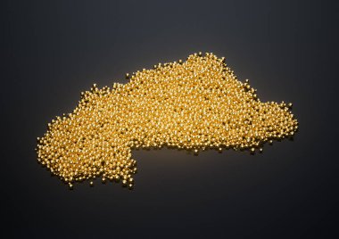 Burkina Faso Haritası Yüksek Kaliteli Altın Parlak Metalik Boncuklar veya Taşak 3B İllüstrasyon