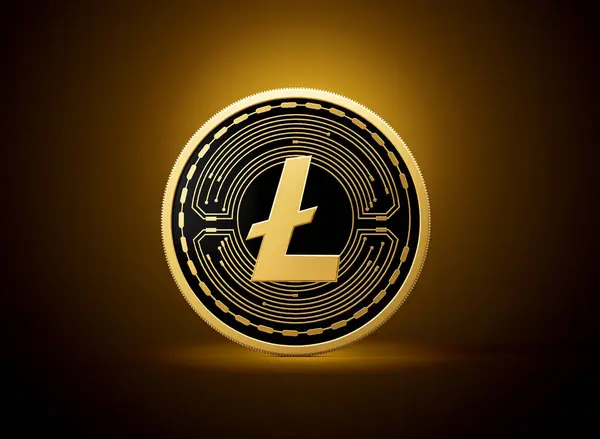 Stock image Golden And Black Rounded Cryptocurrency Litecoin LTC Coin On Golden Glow Background 3d Illustration