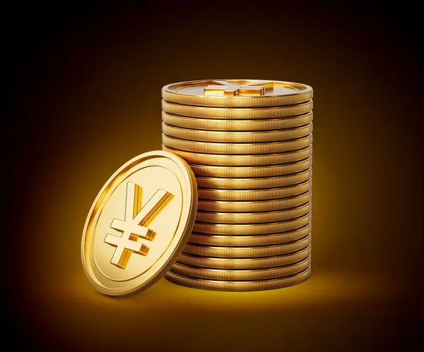 stock image Stack Of Golden Shiny Japanese Yen Rounded Coins On Shiny Golden Glow Background 3d Illustration