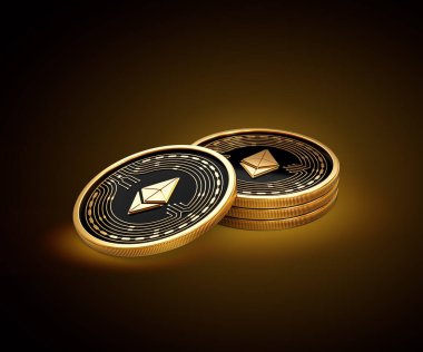 Altın Kripto Para Yığını Ethereum ETH Parlak Altın Parlak Arkaplan 3D Görüntü