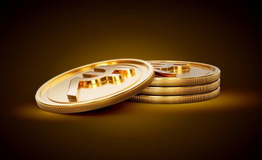 Altın Parlak Hint Rupisi Yığını Parlak Altın Parlak Arkaplanda Yuvarlanmış Paralar 3D Görüntü