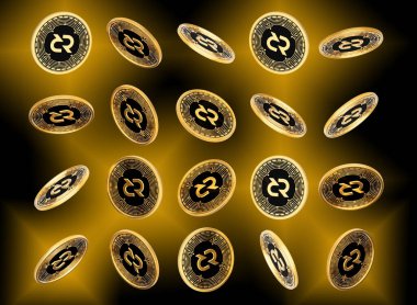 Düşen Altın ve Siyah Kripto Para Birimi Siyah Arkaplanda DCR Yuvarlak Paralar 3D Görüntü