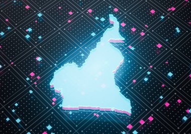 Aydınlatılmış Kamerun Veri Haritası Neon Mavisi Kusursuz Şablon Arkaplanı 3B Görüntü