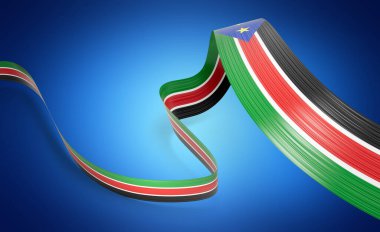 Flag Of South Sudan Shiny Waving South Sudan Ribbon Flag Isolated On Blue Background 3d Illustration clipart