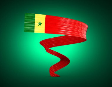 Senegal 'in Parlak Bayraklı Sallanan Kurdeleli Bayrağı Parlayan Yeşil Arkaplanda 3D Görüntü