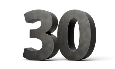 Gri pürüzsüz demirden yapılmış 30 numara. Beyaz arka planda izole edilmiş 3 boyutlu görüntü.
