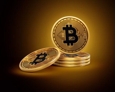 Altın Kripto Para Yığını Bitcoin BTC Parlak Altın Parlak Arkaplan 3D Görüntü