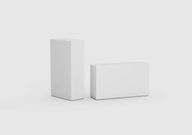 İki el değmemiş silgi, biri dik, diğeri beyaz arka planda keskin kenarlı, üç boyutlu resim.