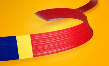 Romanya Bayrağı Dalgalı, Parlak Romanya Kurdelesi Sarı Arkaplanda İzole Edildi 3D Görüntü