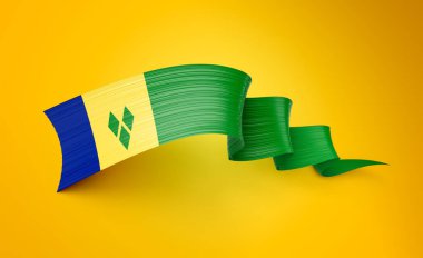 Saint Vincent Parlak Dalgalı Dalgalı Kurdele Bayrağı Sarı Arkaplanda İzole Edildi 3D Görüntü