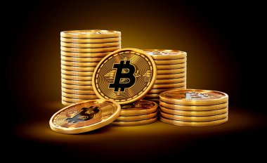 Altın Kripto Para Yığını Bitcoin BTC Parlak Altın Parlak Arkaplan 3D Görüntü