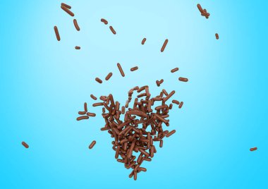 Çikolata Serpiştirme, Pasta ve Fırın Ürünleri Grubu Mavi Arkaplan 3D Resim Üzerine Dağınık