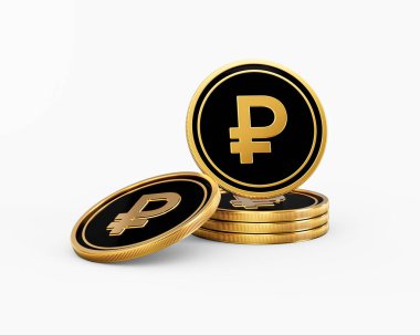 Parlak Altın ve Siyah Rus Rublesi Yuvarlak Bozuk Paralar Beyaz Arkaplan 3 boyutlu Görüntü