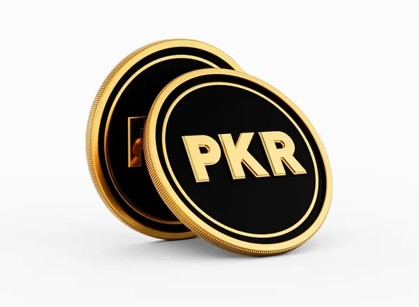 stock image Shiny Golden And Black Two Rounded Pakistani Rupee PKR Coins On White Background 3d Illustration