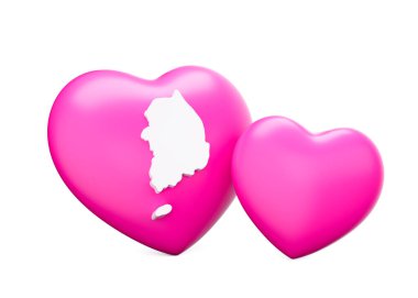 Güney Kore 'nin Beyaz Haritalı Parlak Pembe Kalpleri Beyaz Arkaplanda 3 boyutlu Görüntü