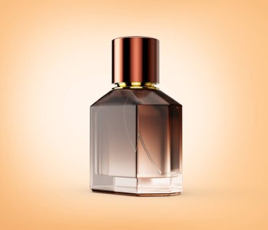 Amber Parlak Bakır kapaklı Parfüm Şişesi Yumuşak Sarı Arka plan 3 boyutlu Görüntü