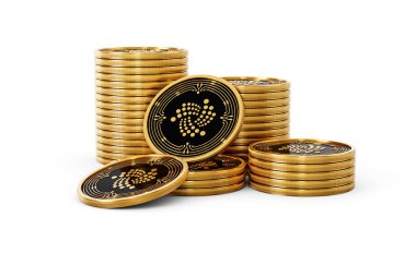 3D Altın Kripto Para Yığını IOTA Beyaz Arkaplanda Yuvarlanan Paralar 3D Görüntü